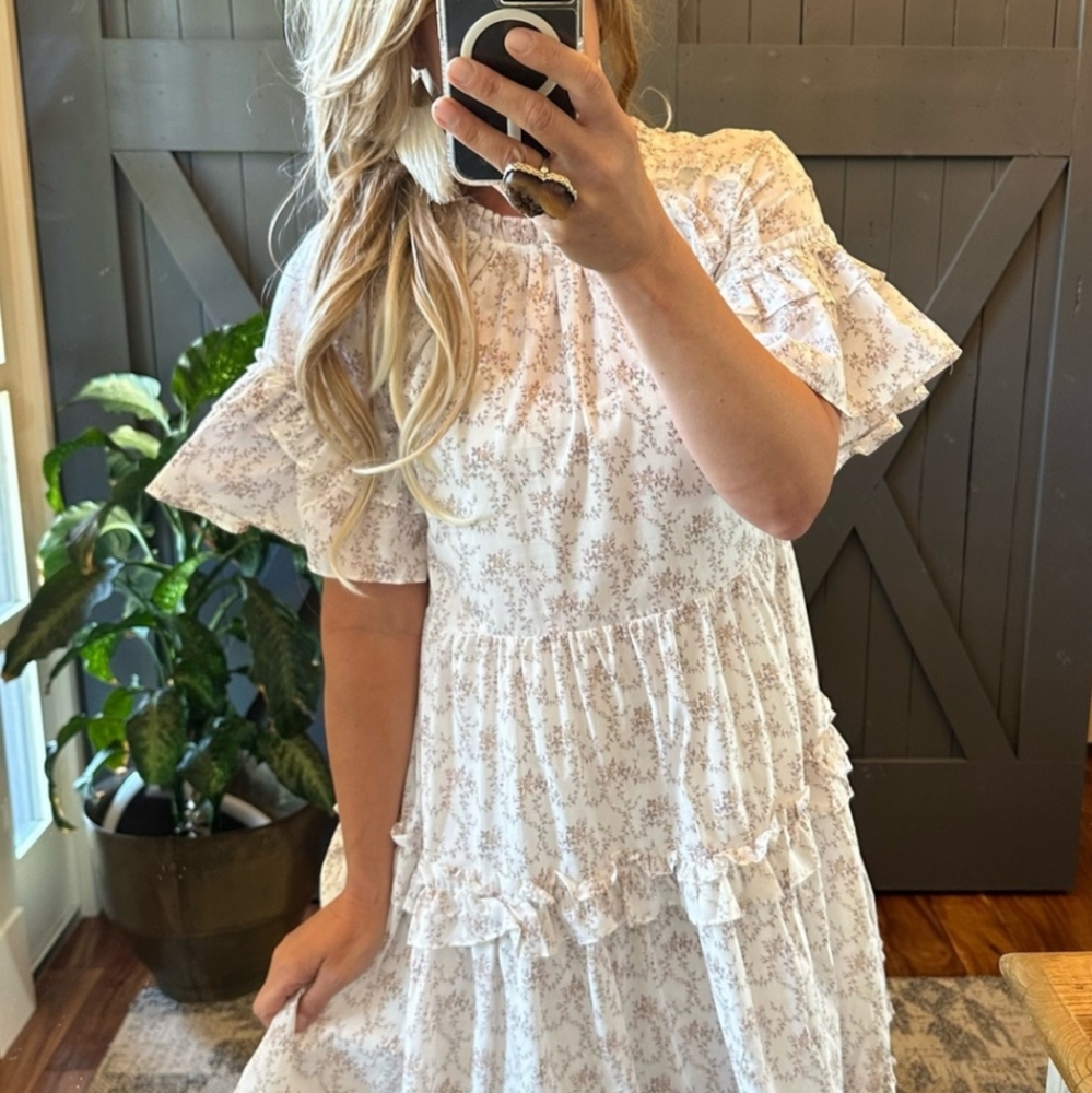 New Cottage Rose Floral Cotton Dress Romantic Knee Length Billowy Summer Gunne